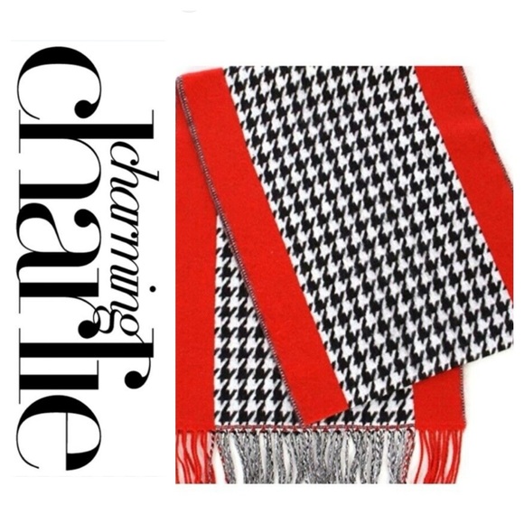 Houndstooth Black & Red Cashmere Feel Scarf - Picture 1 of 5